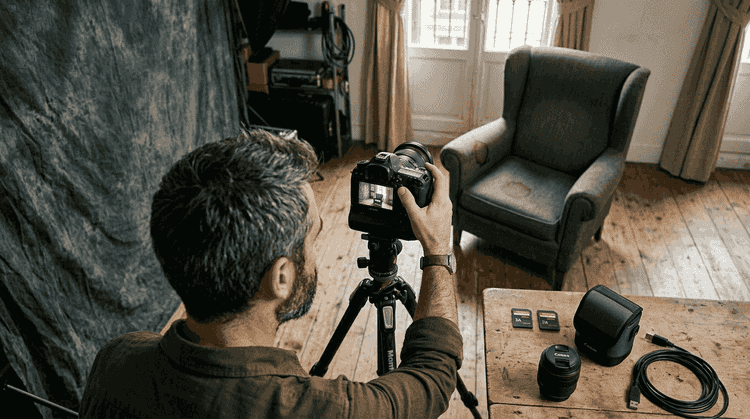 Ein Fotograf bereitet seine Kamera vor einer Sitzung im Studio vor.