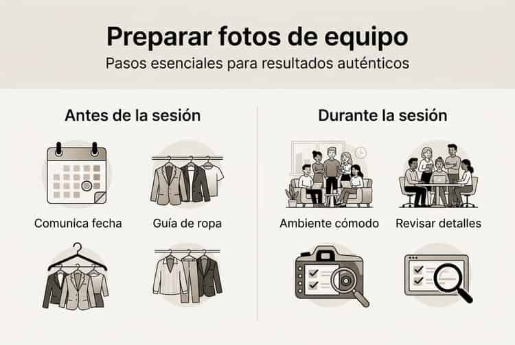 Infographic with essential steps and photographs of the team