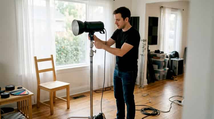 Photographer preparing the lighting in his home studio