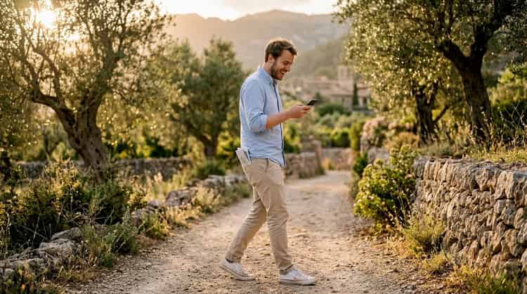 A young girl walks among the olive trees of Mallorca, laughing as she enjoys the landscape.